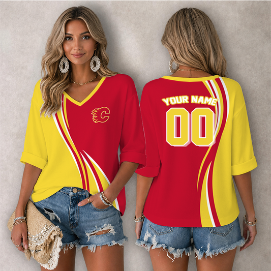 [SUPER SALE] NEW CUSTOMIZED NHL17 CGF CALGARY FLAMES WOMEN'S HEART V-NECK LONG SLEEVE SHIRT