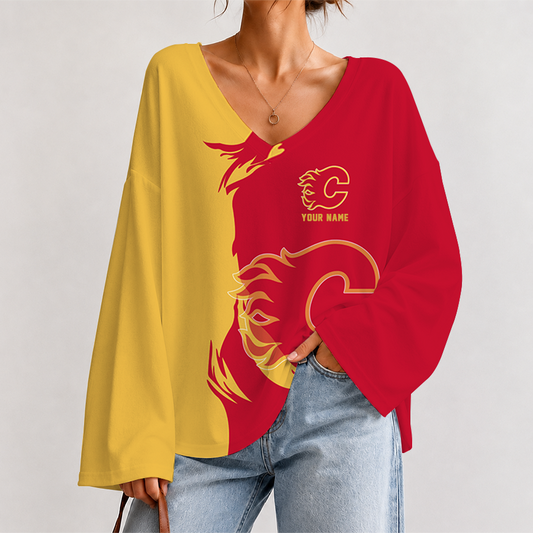 [SUPER SALE] NEW CUSTOMIZED NHL17 CGF CALGARY FLAMES V-NECK LONG SLEEVED CROP TOP
