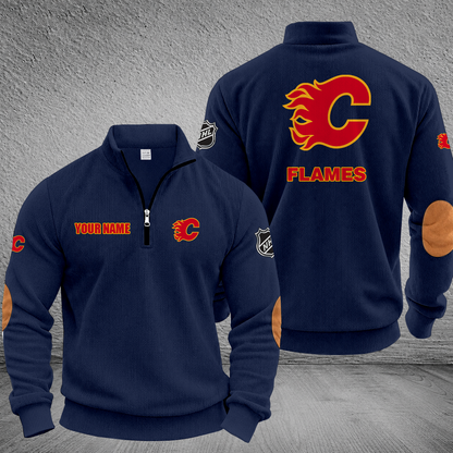 [SUPER SALE] NEW CUSTOMIZED NHL17 CGF CALGARY FLAMES MULTICOLOR STRIPED QUATER ZIP SWEATSHIRT
