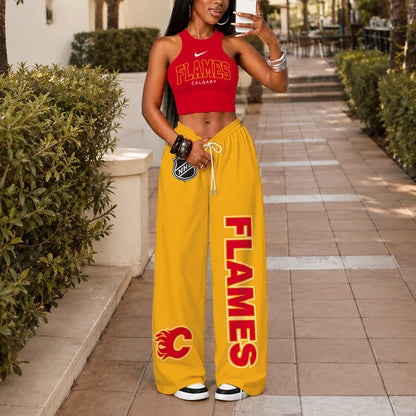 [SUPER SALE] NEW CUSTOMIZED NHL17 CGF CALGARY FLAMES WOMEN'S CROP TOP & LONGPANTS SET