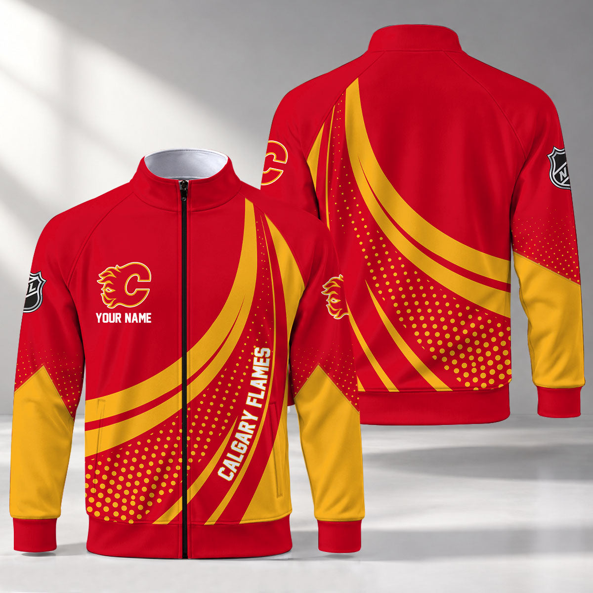 [SUPER SALE] NEW CUSTOMIZED NHL17 CGF CALGARY FLAMES STAND COLLAR JACKET