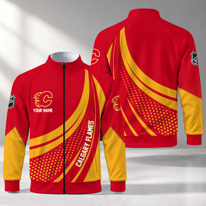 [SUPER SALE] NEW CUSTOMIZED NHL17 CGF CALGARY FLAMES STAND COLLAR JACKET