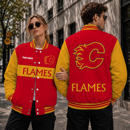 [SUPER SALE] NEW CUSTOMIZED NHL17 CGF CALGARY FLAMES SATIN VARSITY JACKET & BASEBALL JACKET