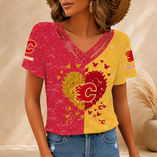 [SUPER SALE] NEW CUSTOMIZED NHL17 CGF CALGARY FLAMES V-NECK SHIRT