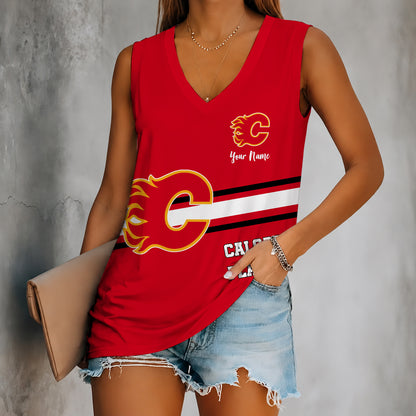 [SUPER SALE] NEW CUSTOMIZED NHL17 CGF CALGARY FLAMES WOMEN'S V-NECK TANK TOP