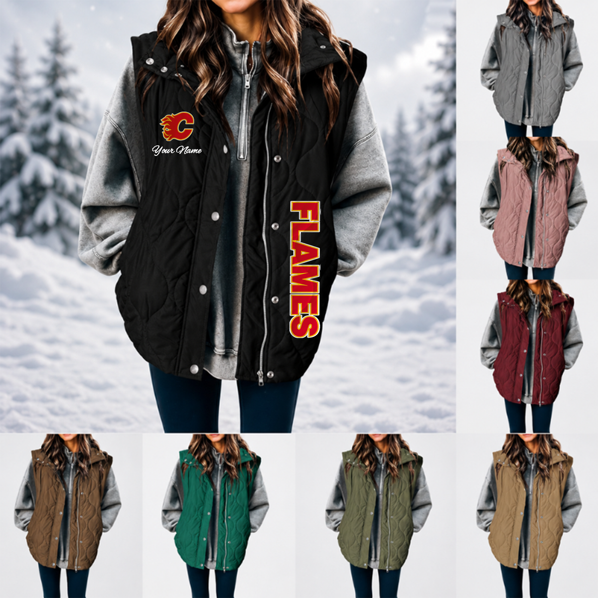 [SUPER SALE] NEW CUSTOMIZED NHL17 CGF CALGARY FLAMES WOMEN'S MULTICOLOR SLEEVELESS PUFFER COAT