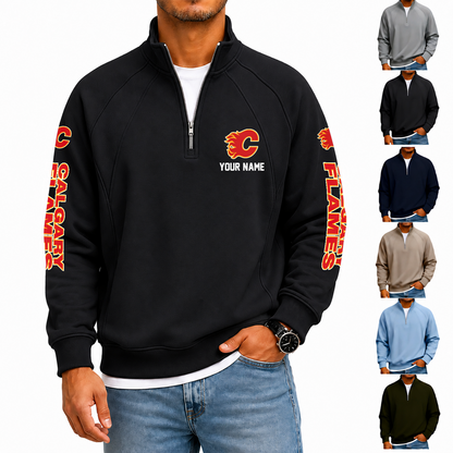 [SUPER SALE] NEW CUSTOMIZED NHL17 CGF CALGARY FLAMES MEN'S QUARTER ZIP PULLOVER