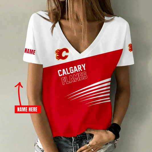 [SUPER SALE] NEW CUSTOMIZED NHL17 CGF CALGARY FLAMES V-NECK FEMALE SHIRT