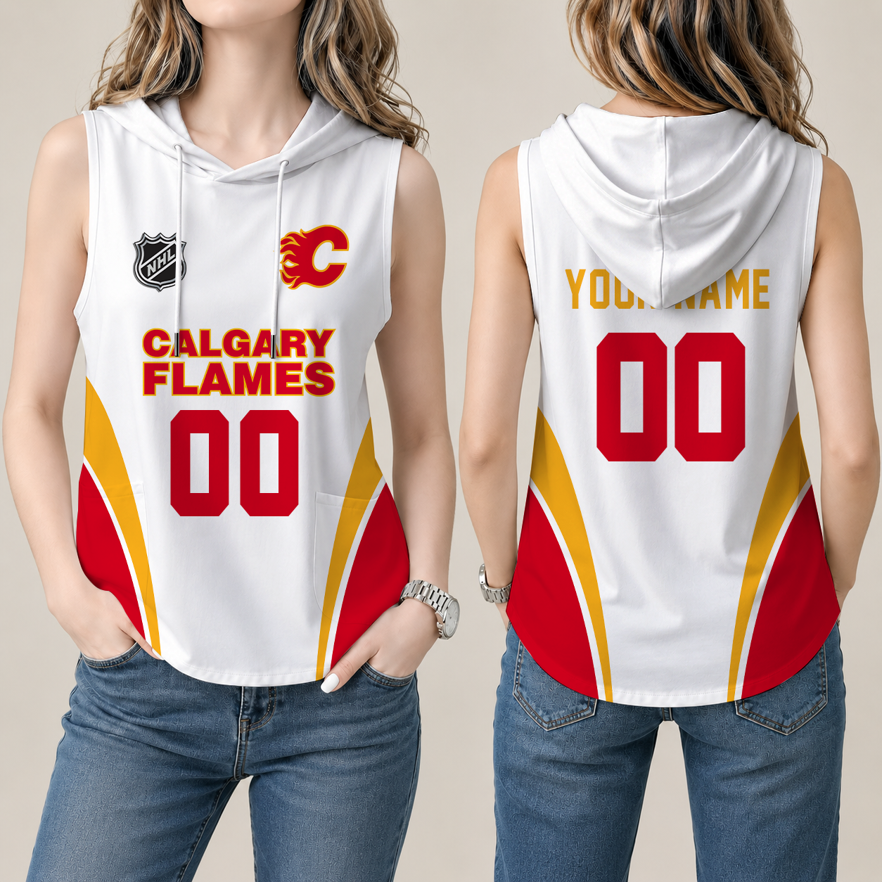 [SUPER SALE] NEW CUSTOMIZED NHL17 CGF CALGARY FLAMES WOMEN'S SLEEVELESS HOODED POCKET TANK TOP