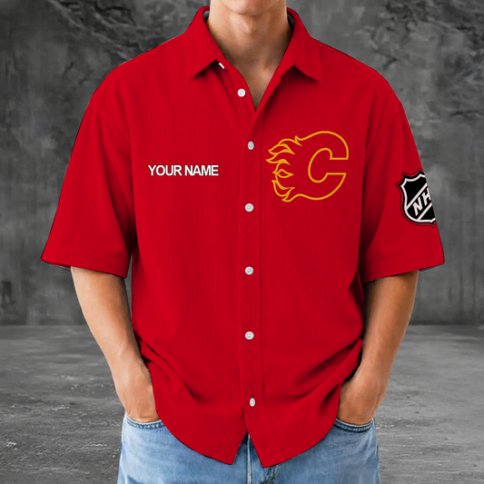 [SUPER SALE] NEW CUSTOMIZED NHL17 CGF CALGARY FLAMES SEERSUCKER BUTTON SHIRT