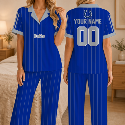 [SPECIAL OFFER] NEW CUSTOMIZED NFL17 IDC INDIANAPOLIS COLTS SHORT SLEEVE & LONG PANTS PAJAMAS SET