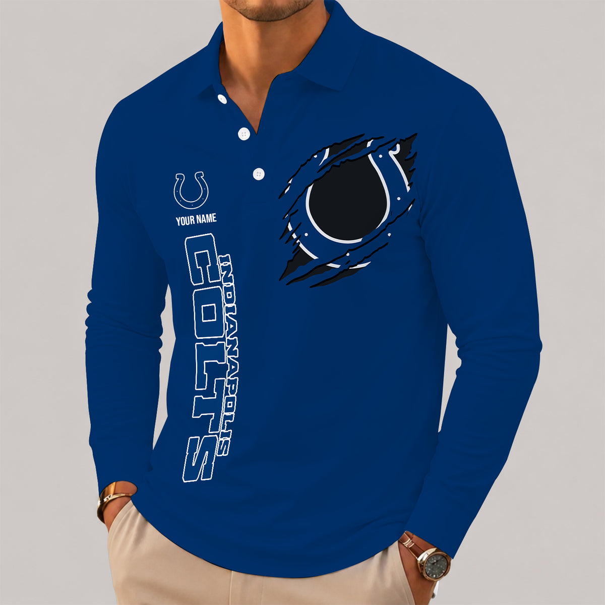 [SPECIAL OFFER] NEW CUSTOMIZED NFL17 IDC INDIANAPOLIS COLTS LONG SLEEVE POLO SHIRT