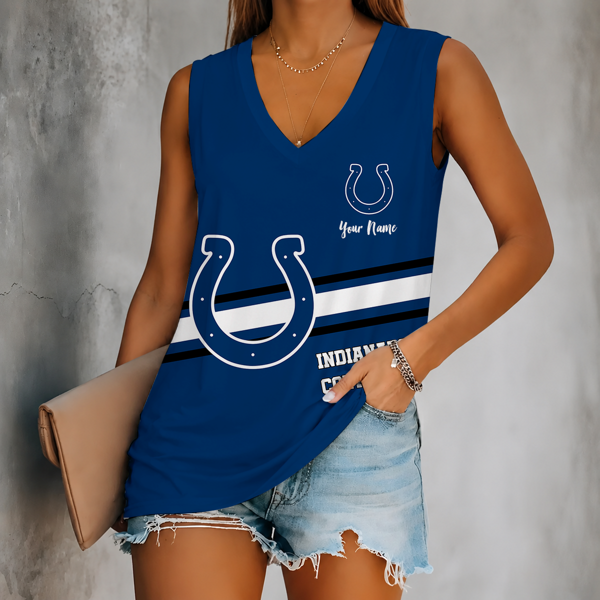 [SPECIAL OFFER] NEW CUSTOMIZED NFL17 IDC INDIANAPOLIS COLTS WOMEN'S V-NECK TANK TOP