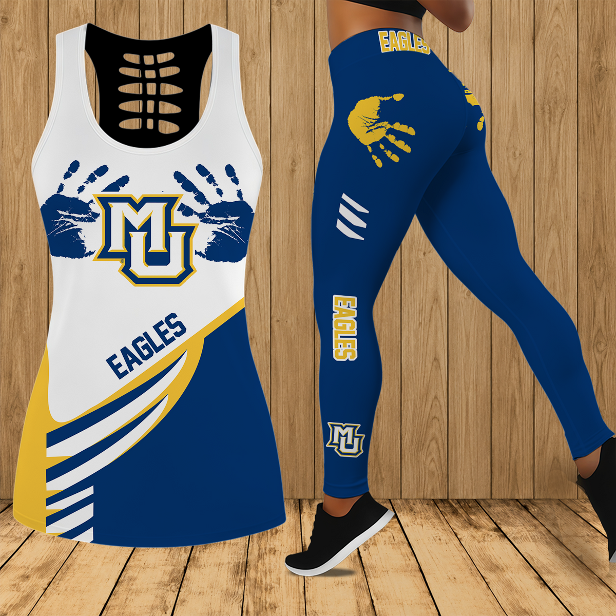 [FAN FAVORITE] NEW CUSTOMIZED NCAA MAM17 MGE MARQUETTE GOLDEN EAGLES STRAPPY HOLLOW TANK TOP & LEGGINGS SET