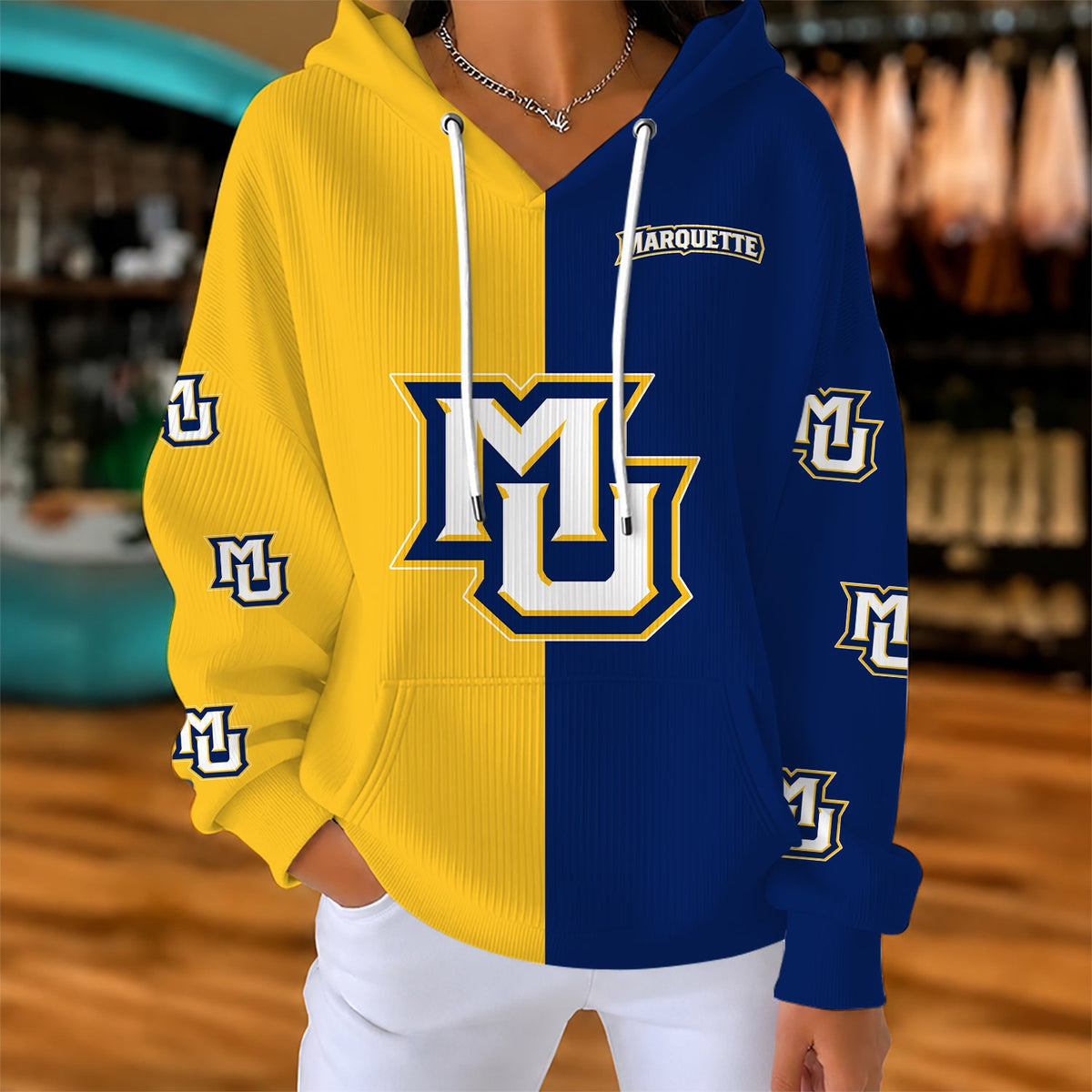 [FAN FAVORITE] NEW CUSTOMIZED NCAA MAM17 MGE MARQUETTE GOLDEN EAGLES STRAPPY RIBBED HOODIE & SWEATSHIRT