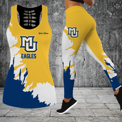 [FAN FAVORITE] NEW CUSTOMIZED NCAA MAM17 MGE MARQUETTE GOLDEN EAGLES STRAPPY HOLLOW TANK TOP & LEGGINGS SET