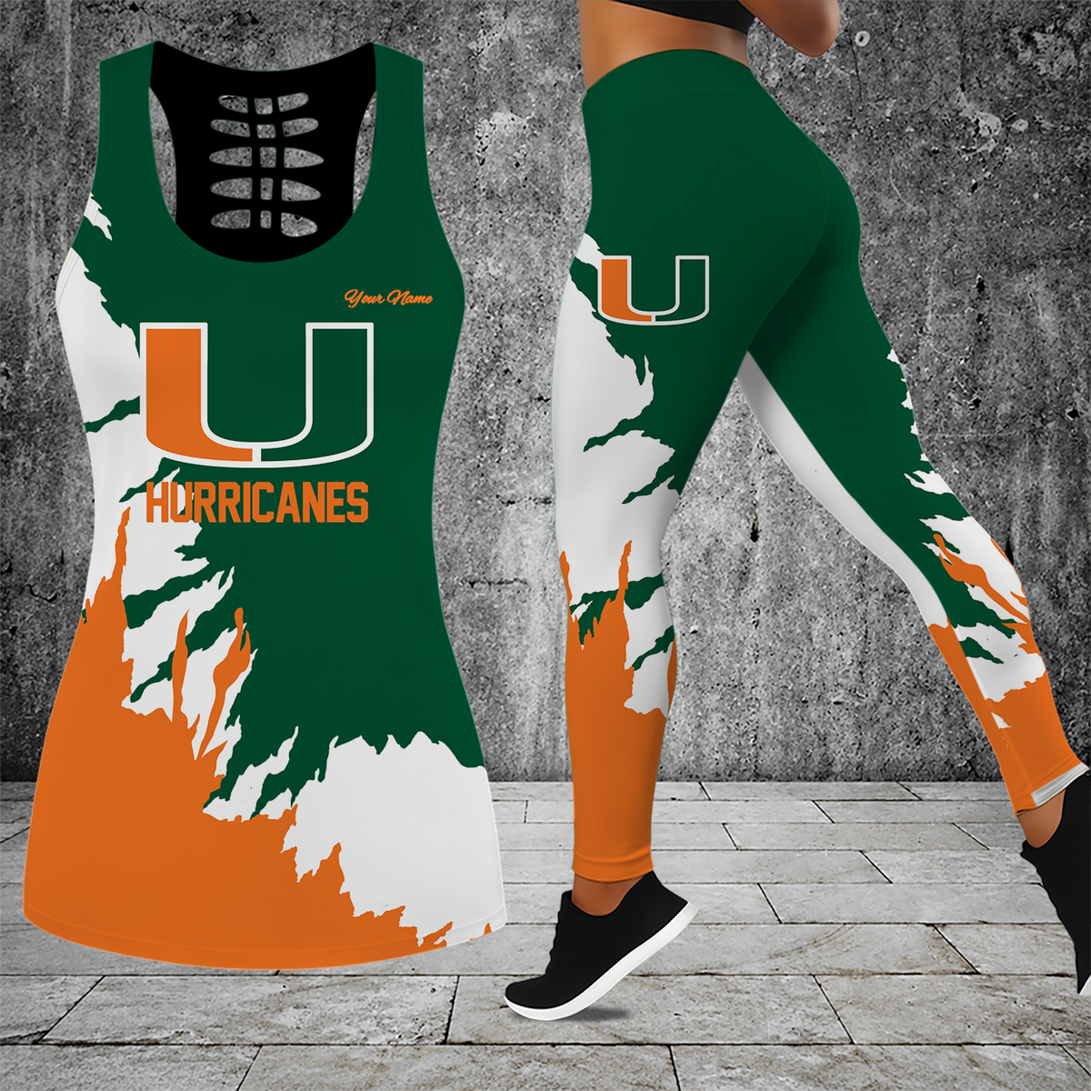 [FAN FAVORITE] NEW CUSTOMIZED NCAA FBS17 MIH MIAMI HURRICANES HOLLOW TANK TOP & LEGGINGS SET
