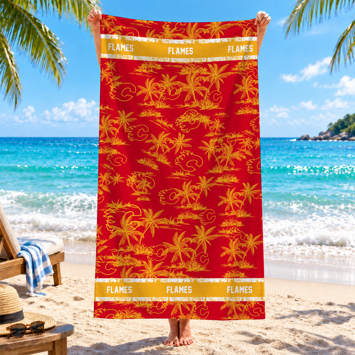 [SUPER SALE] NEW CUSTOMIZED NHL17 CGF CALGARY FLAMES BEACH TOWEL