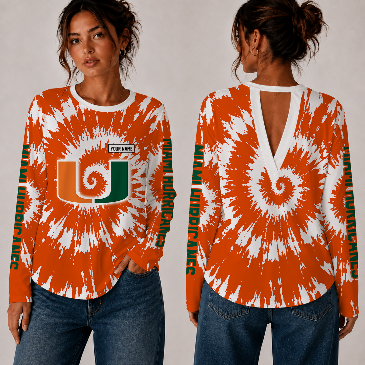 [FAN FAVORITE] NEW CUSTOMIZED NCAA FBS17 MIH MIAMI HURRICANES WOMEN'S BACK V-CUT LONG-SLEEVE SHIRT