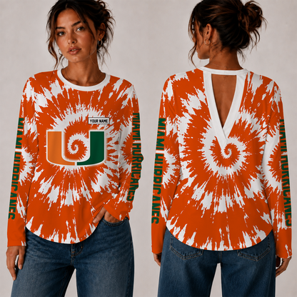 [FAN FAVORITE] NEW CUSTOMIZED NCAA FBS17 MIH MIAMI HURRICANES WOMEN'S BACK V-CUT LONG-SLEEVE SHIRT