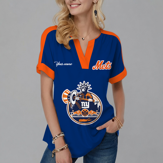 [FLASH SALE] NEW CUSTOMIZED MLB17 NYM NEW YORK METS V-NECK FEMALE SHIRT
