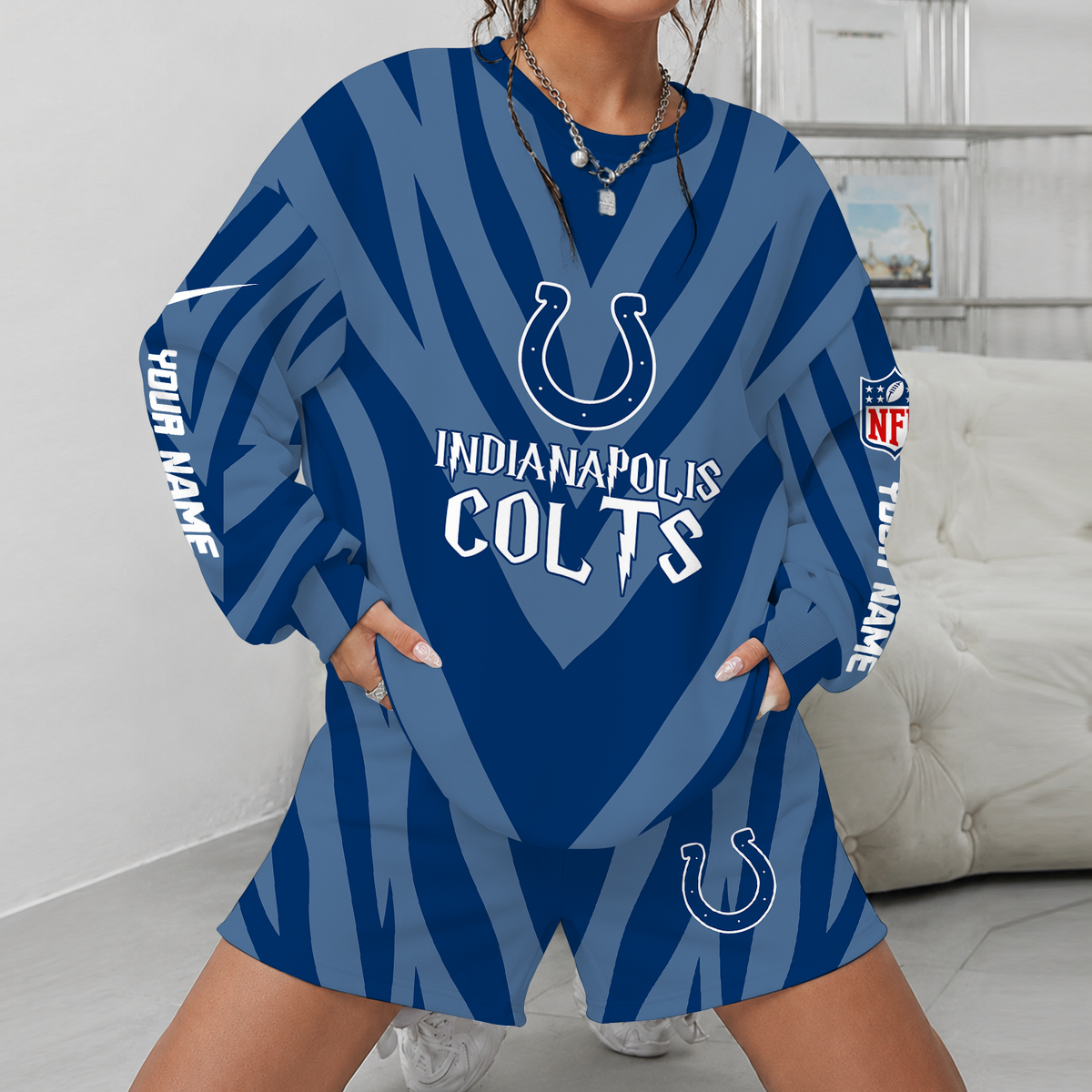 [SPECIAL OFFER] NEW CUSTOMIZED NFL17 IDC INDIANAPOLIS COLTS UNISEX SWEATSHIRT & SHORTS SET