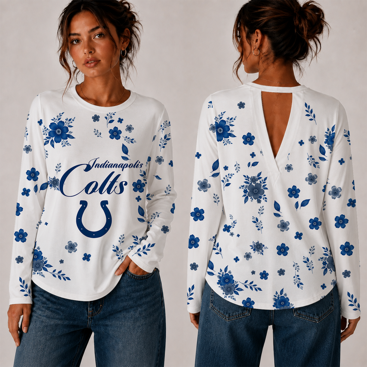 [SPECIAL OFFER] NEW CUSTOMIZED NFL17 IDC INDIANAPOLIS COLTS WOMEN'S BACK V-CUT LONG-SLEEVE SHIRT