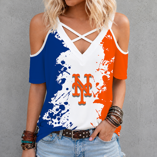 [FLASH SALE] NEW CUSTOMIZED MLB17 NYM NEW YORK METS CRISS CROSS V-NECK TOP