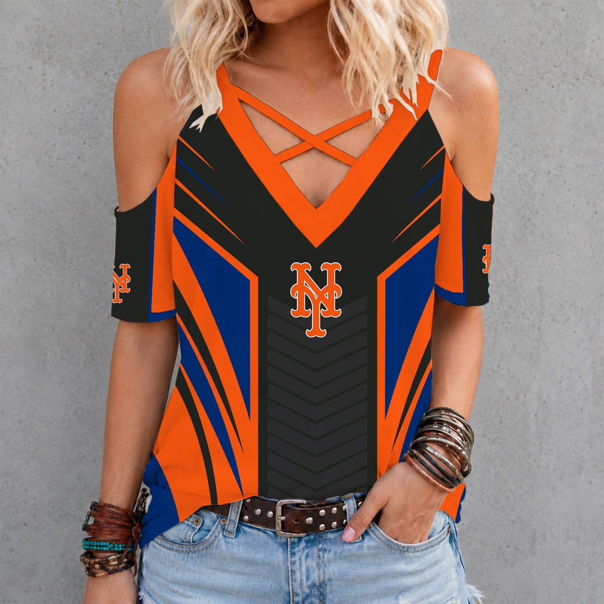 [FLASH SALE] NEW CUSTOMIZED MLB17 NYM NEW YORK METS CRISS CROSS V-NECK TOP