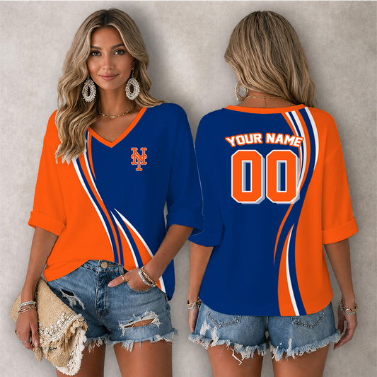 [FLASH SALE] NEW CUSTOMIZED MLB17 NYM NEW YORK METS WOMEN'S HEART V-NECK LONG SLEEVE SHIRT