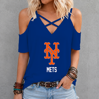 [FLASH SALE] NEW CUSTOMIZED MLB17 NYM NEW YORK METS CRISS CROSS V-NECK TOP
