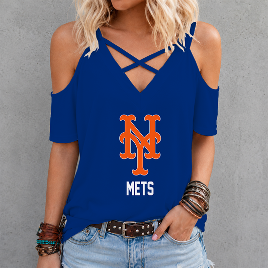 [FLASH SALE] NEW CUSTOMIZED MLB17 NYM NEW YORK METS CRISS CROSS V-NECK TOP