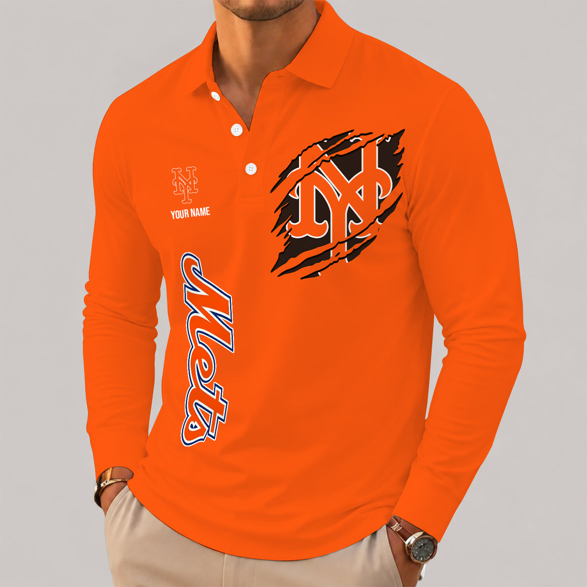 [FLASH SALE] NEW CUSTOMIZED MLB17 NYM NEW YORK METS MEN'S LONG SLEEVE POLO