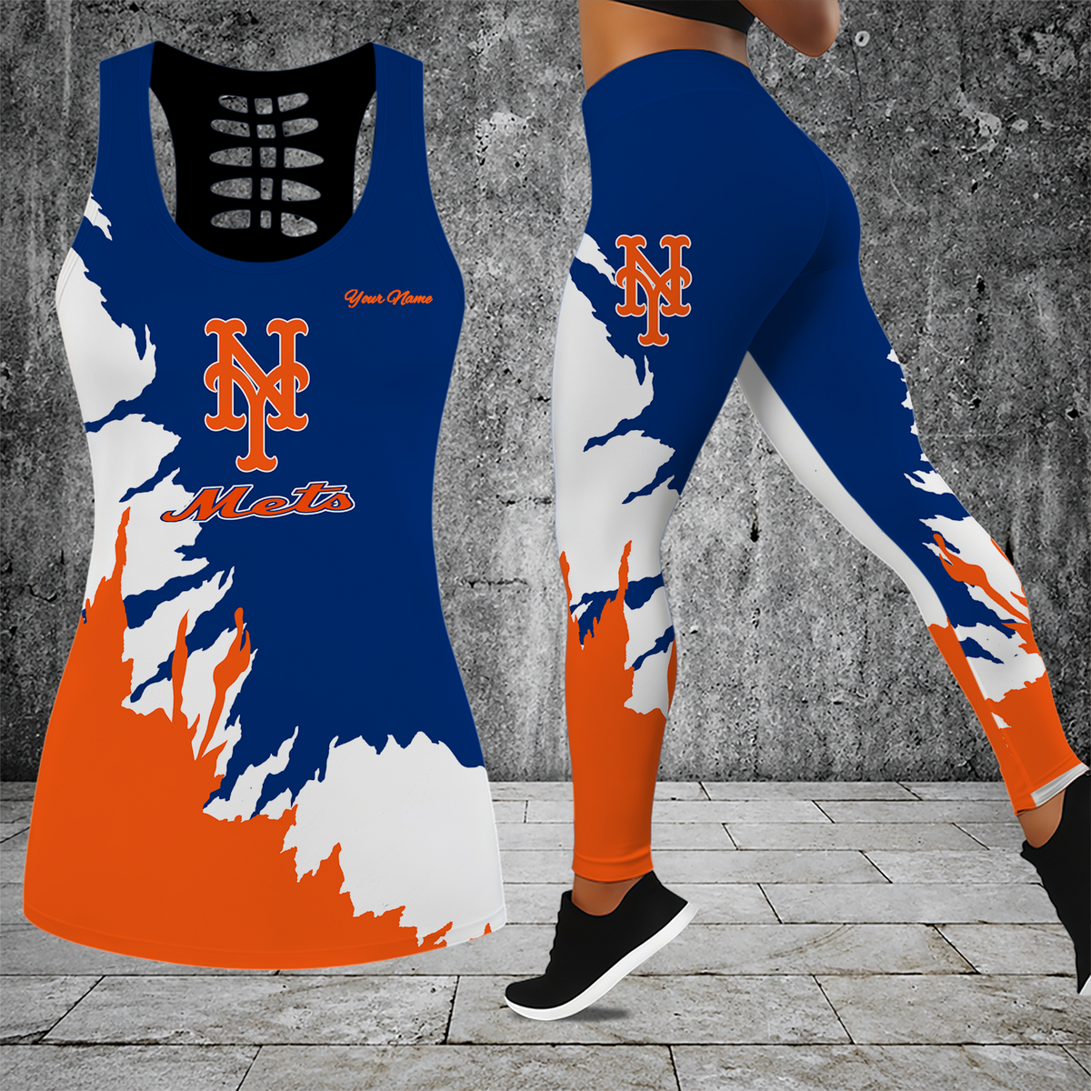 [FLASH SALE] NEW CUSTOMIZED MLB17 NYM NEW YORK METS HOLLOW TANK TOP & LEGGINGS SET