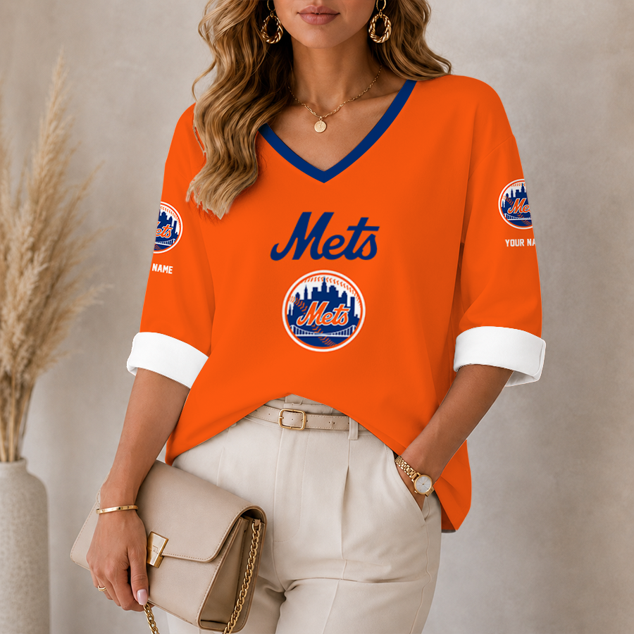 [FLASH SALE] NEW CUSTOMIZED MLB17 NYM NEW YORK METS WOMEN'S HEART V-NECK LONG SLEEVE SHIRT