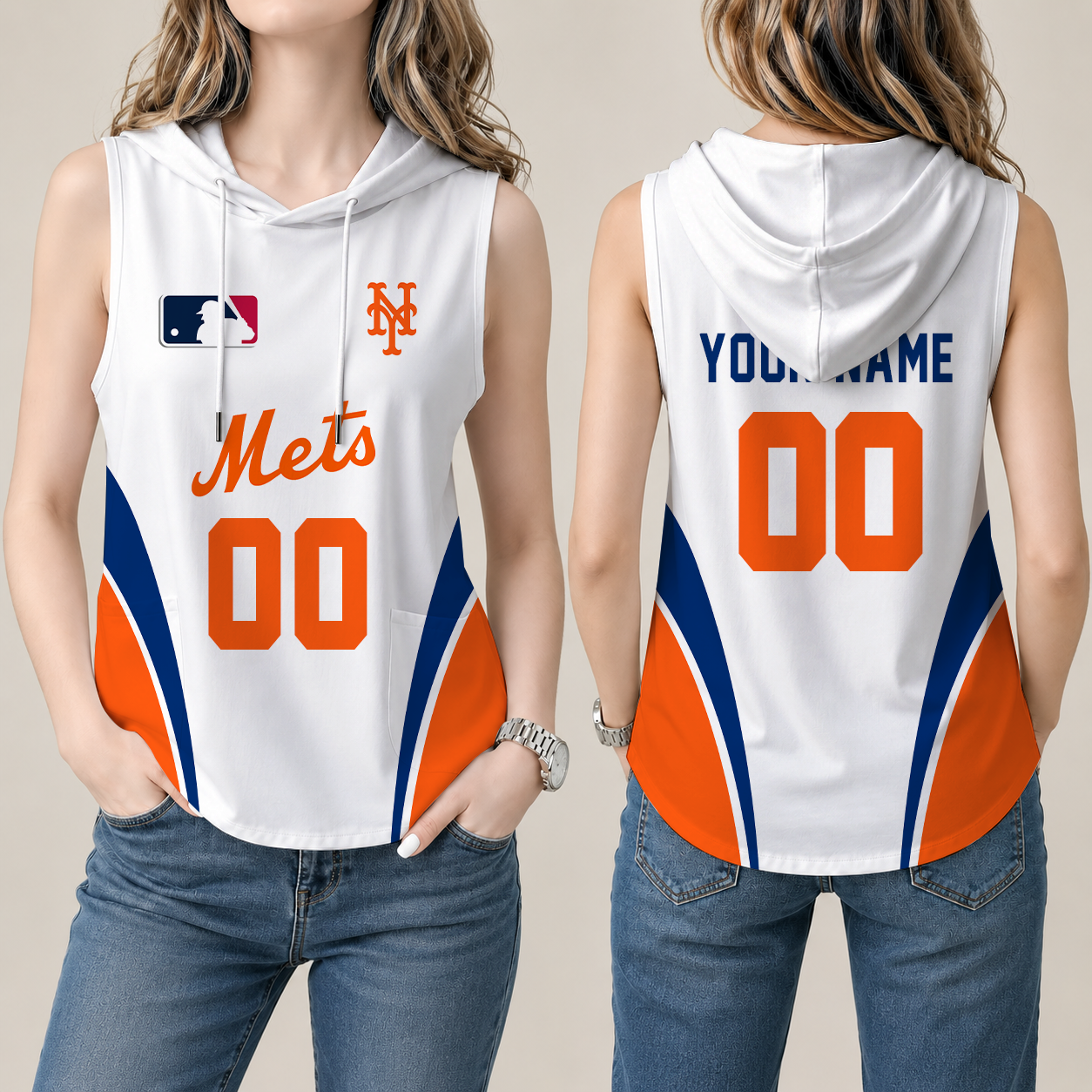 [FLASH SALE] NEW CUSTOMIZED MLB17 NYM NEW YORK METS WOMEN'S SLEEVELESS HOODED POCKET TANK TOP