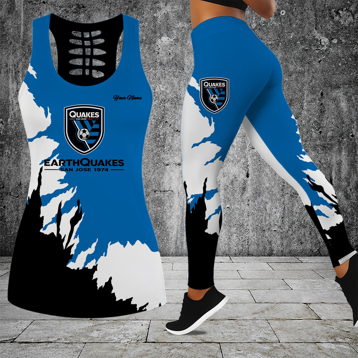 [FAN EXCLUSIVE] NEW CUSTOMIZED MLS17 SJE SAN JOSE EARTHQUAKES HOLLOW TANK TOP & LEGGINGS SET