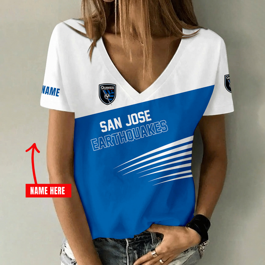 [FAN EXCLUSIVE] NEW CUSTOMIZED MLS17 SJE SAN JOSE EARTHQUAKES V-NECK FEMALE SHIRT