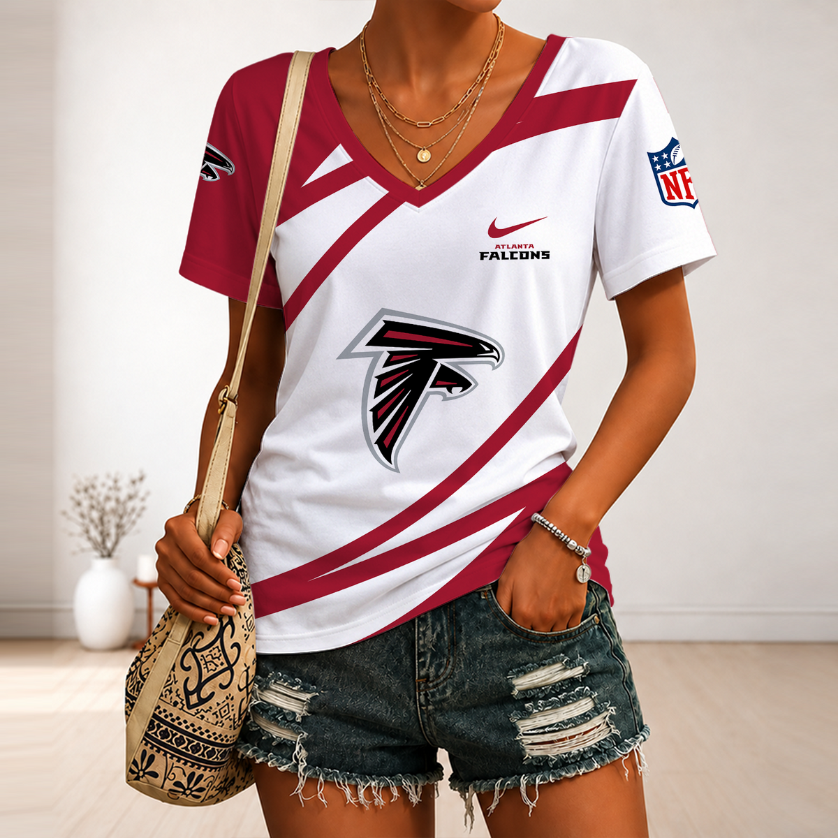 [SPECIAL OFFER] NEW CUSTOMIZED NFL18 ATF ATLANTA FALCONS V-NECK FEMALE SHIRT