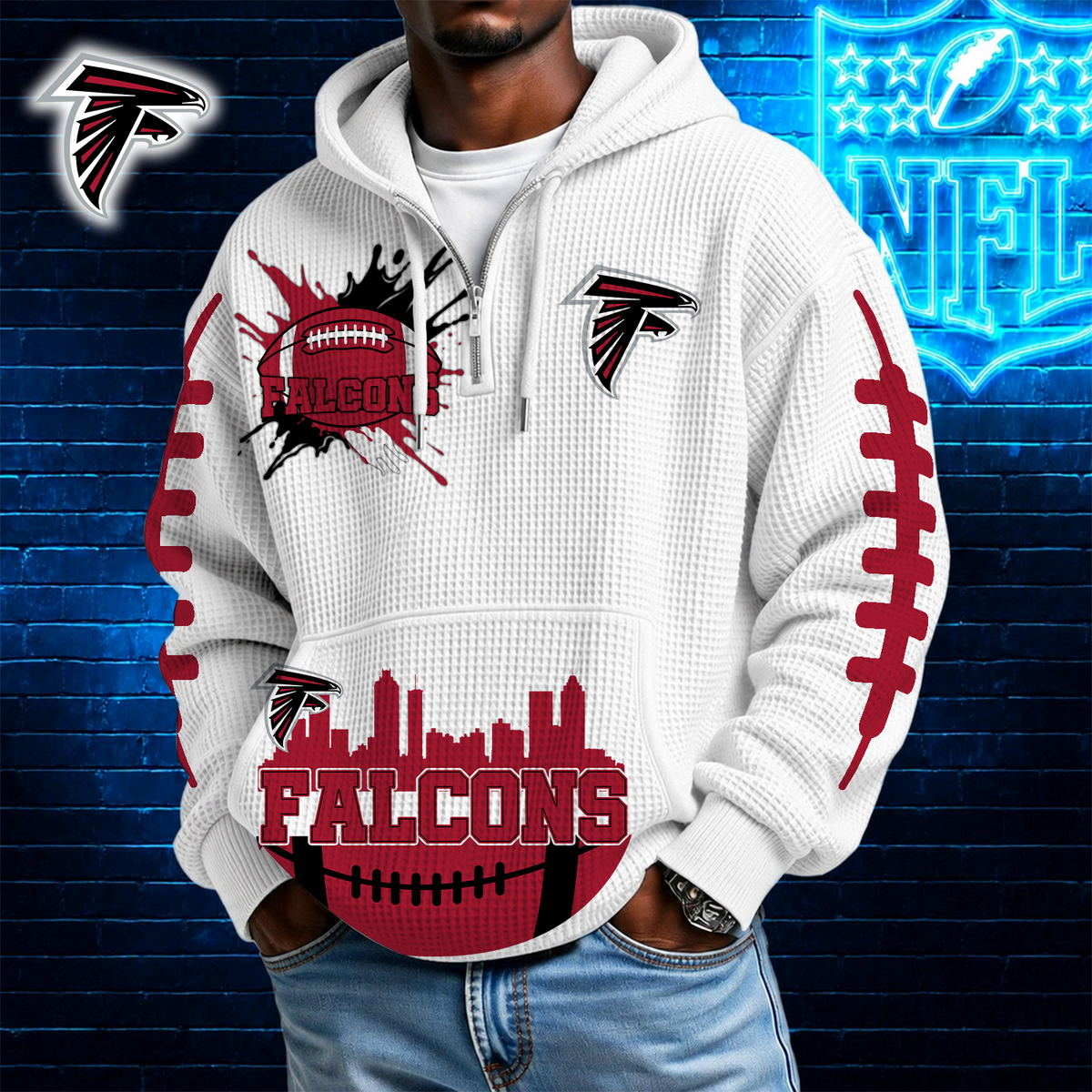 [SPECIAL OFFER] NEW CUSTOMIZED NFL18 ATF ATLANTA FALCONS WAFFLE FULL ZIP HOODIE