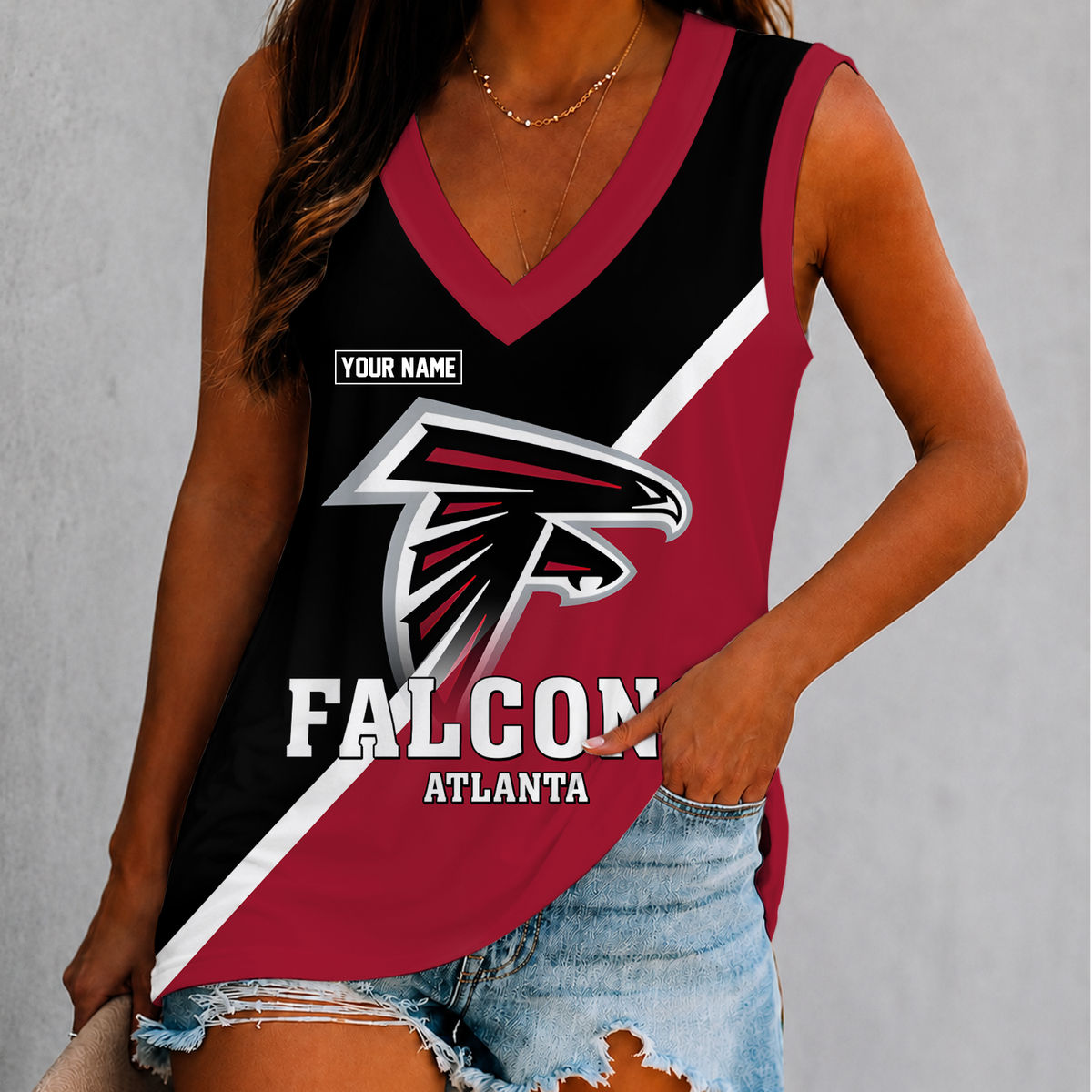 [SPECIAL OFFER] NEW CUSTOMIZED NFL18 ATF ATLANTA FALCONS WOMEN'S V-NECK TANK TOP