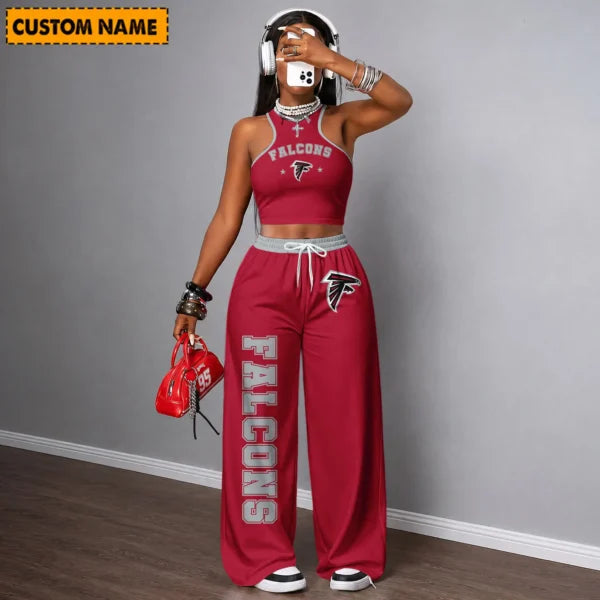 [SPECIAL OFFER] NEW CUSTOMIZED NFL18 ATF ATLANTA FALCONS WOMEN'S CROP TOP & LONGPANTS SET