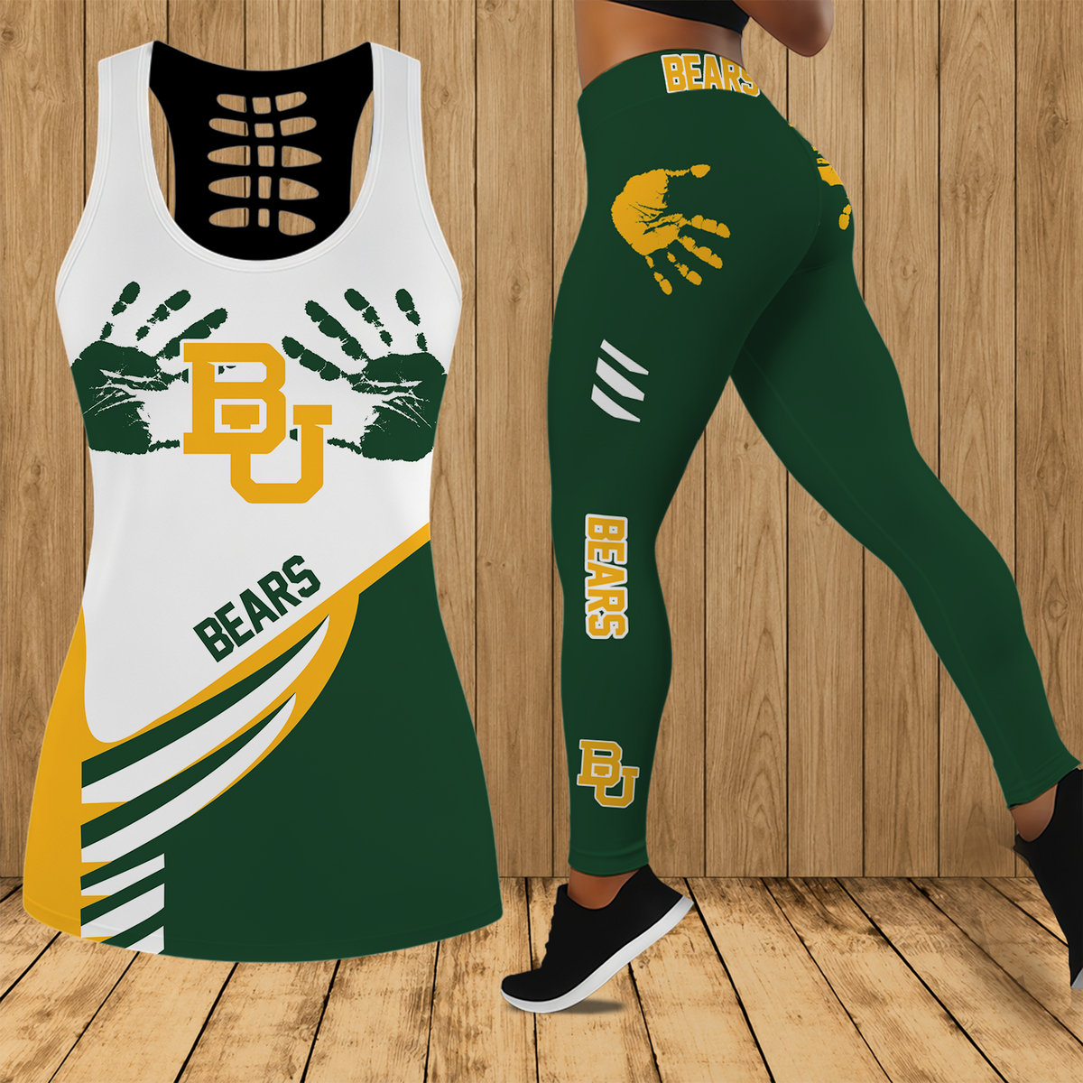 [FAN FAVORITE] NEW CUSTOMIZED NCAA MAM18 BAB BAYLOR BEARS STRAPPY HOLLOW TANK TOP & LEGGINGS SET