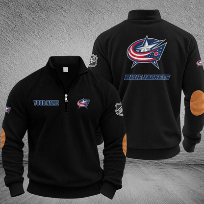 [SUPER SALE] NEW CUSTOMIZED NHL18 CBJ COLUMBUS BLUE JACKETS MULTICOLOR STRIPED QUATER ZIP SWEATSHIRT