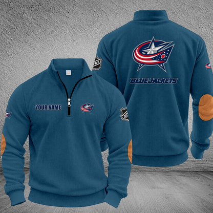 [SUPER SALE] NEW CUSTOMIZED NHL18 CBJ COLUMBUS BLUE JACKETS MULTICOLOR STRIPED QUATER ZIP SWEATSHIRT