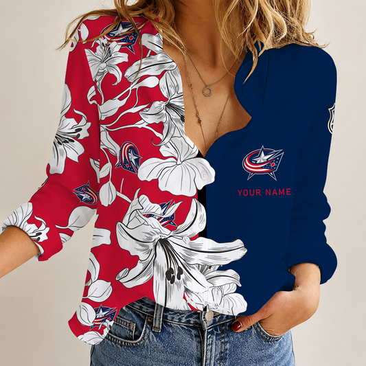 [SUPER SALE] NEW CUSTOMIZED NHL18 CBJ COLUMBUS BLUE JACKETS WOMEN CASUAL SHIRT