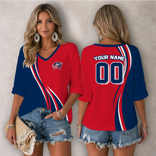 [SUPER SALE] NEW CUSTOMIZED NHL18 CBJ COLUMBUS BLUE JACKETS WOMEN'S HEART V-NECK LONG SLEEVE SHIRT
