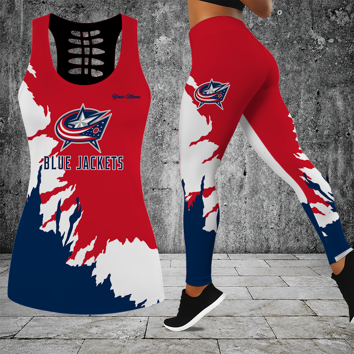 [SUPER SALE] NEW CUSTOMIZED NHL18 CBJ COLUMBUS BLUE JACKETS HOLLOW TANK TOP & LEGGINGS SET