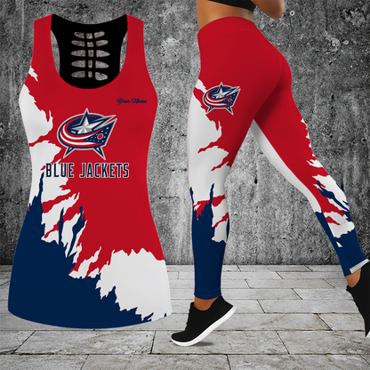 [SUPER SALE] NEW CUSTOMIZED NHL18 CBJ COLUMBUS BLUE JACKETS HOLLOW TANK TOP & LEGGINGS SET