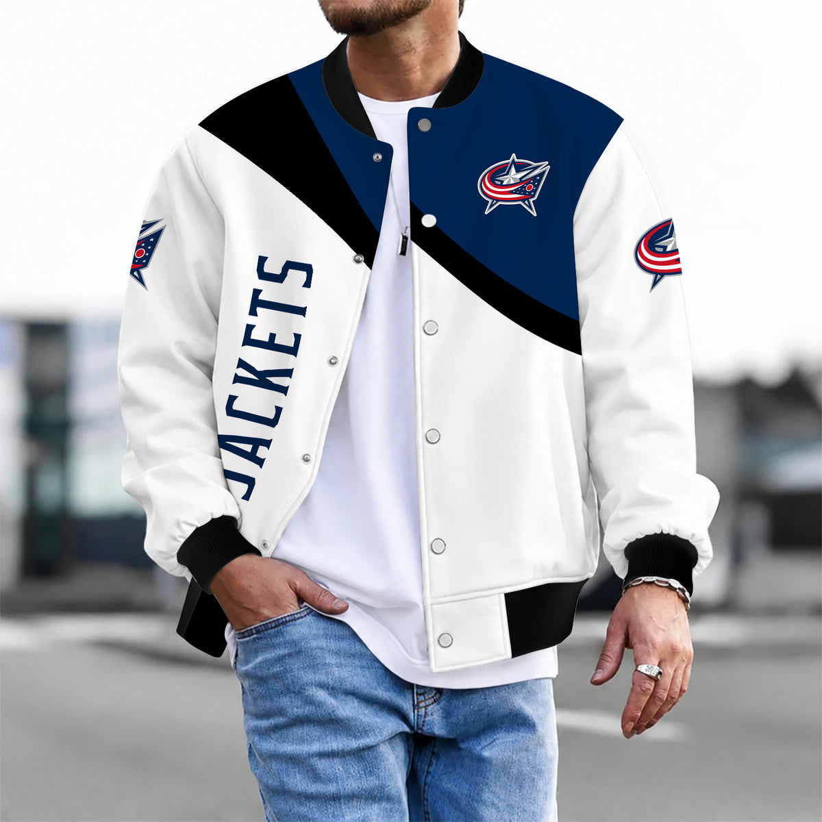 [SUPER SALE] NEW CUSTOMIZED NHL18 CBJ COLUMBUS BLUE JACKETS SATIN VARSITY JACKET & BASEBALL JACKET